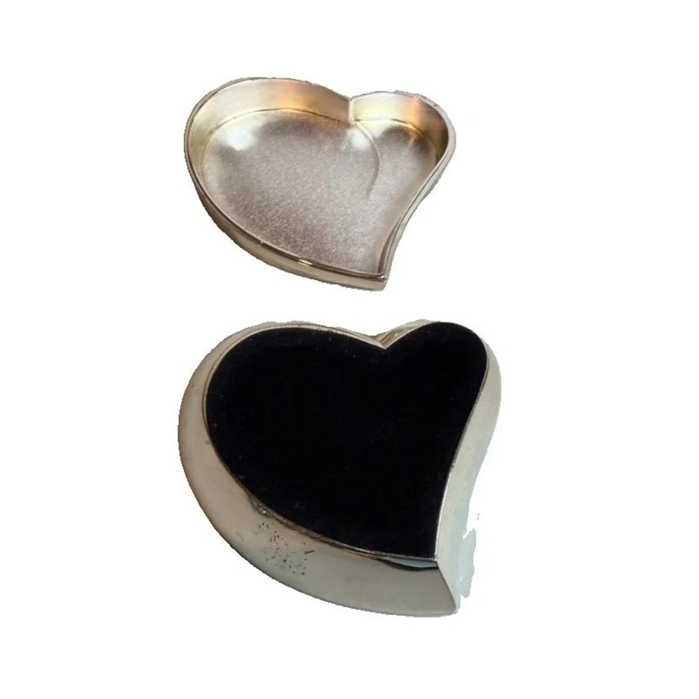 Vintage Polished Silver tone Mid Century Heart Trinket Box Black Velvet Lining